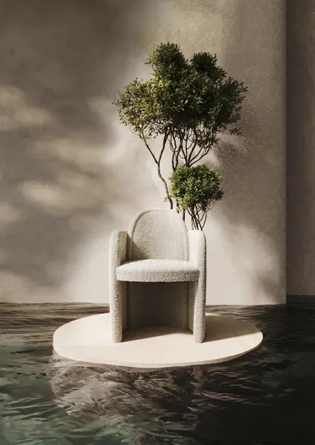 Oh La La Chair: Luxury and comfort in every detail. A velvet armchair floating on a platform, surrounded by a serene setting.