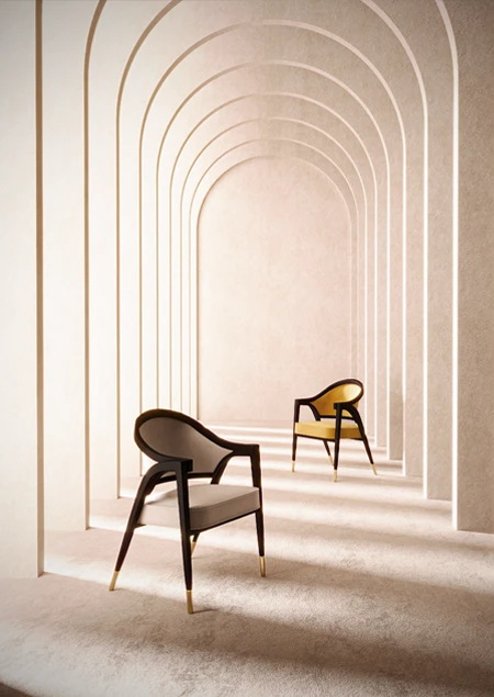 Two Arendal dining chairs with golden details positioned in a minimalist setting with repeated arches and soft lighting.
