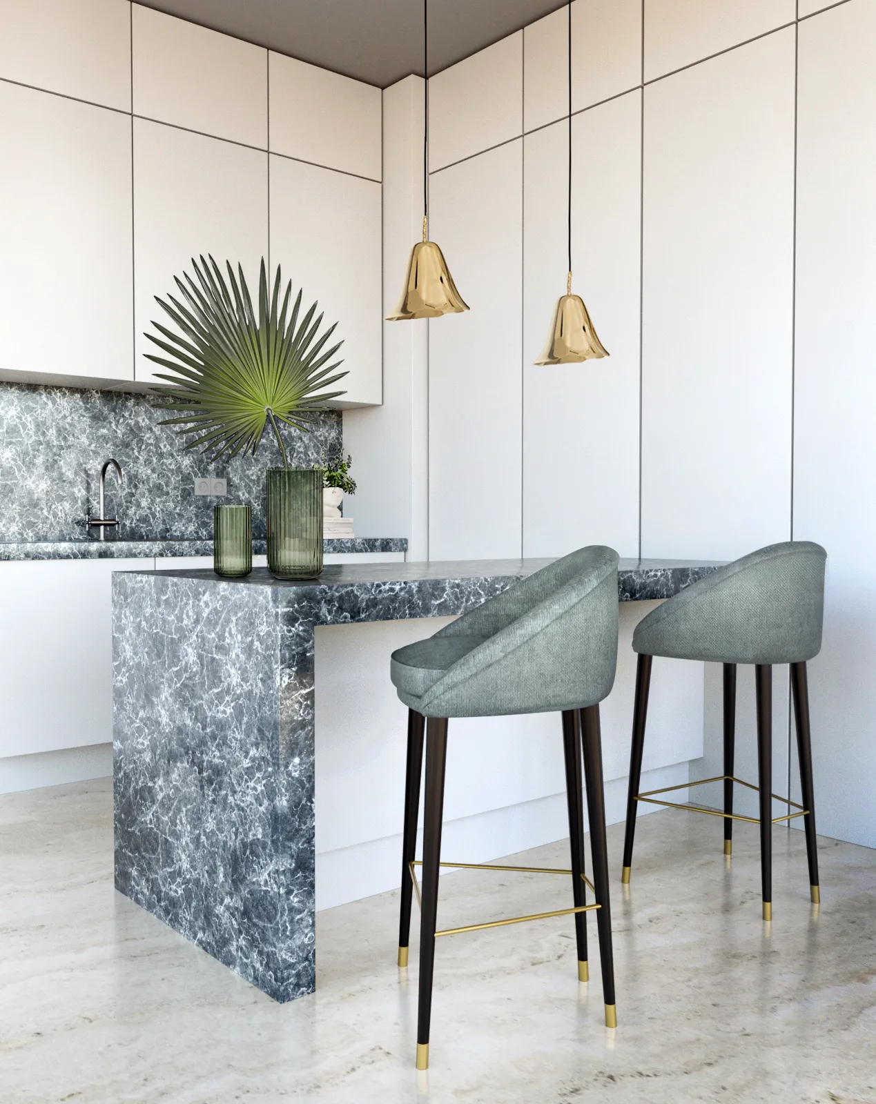 Image of two Aberdeen Bar Stools by KKbyKOKET, showcasing their elegant design with light blue plush upholstery and slender metal legs, placed in a modern kitchen setting.