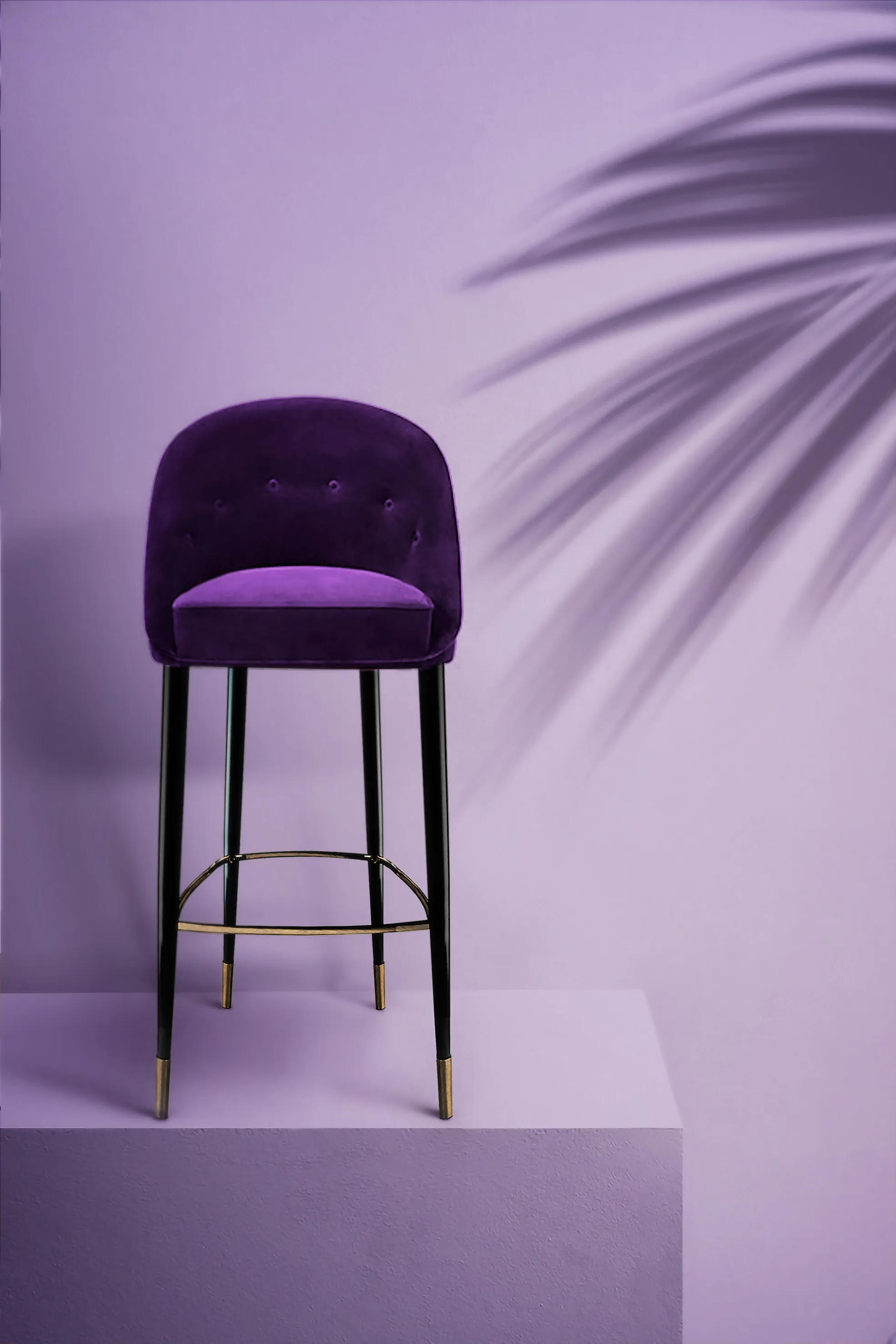 Aberdeen Bar Stool by KKbyKOKET, featuring a luxurious, purple upholstered seat and backrest, and sleek lacquer legs with metal details.