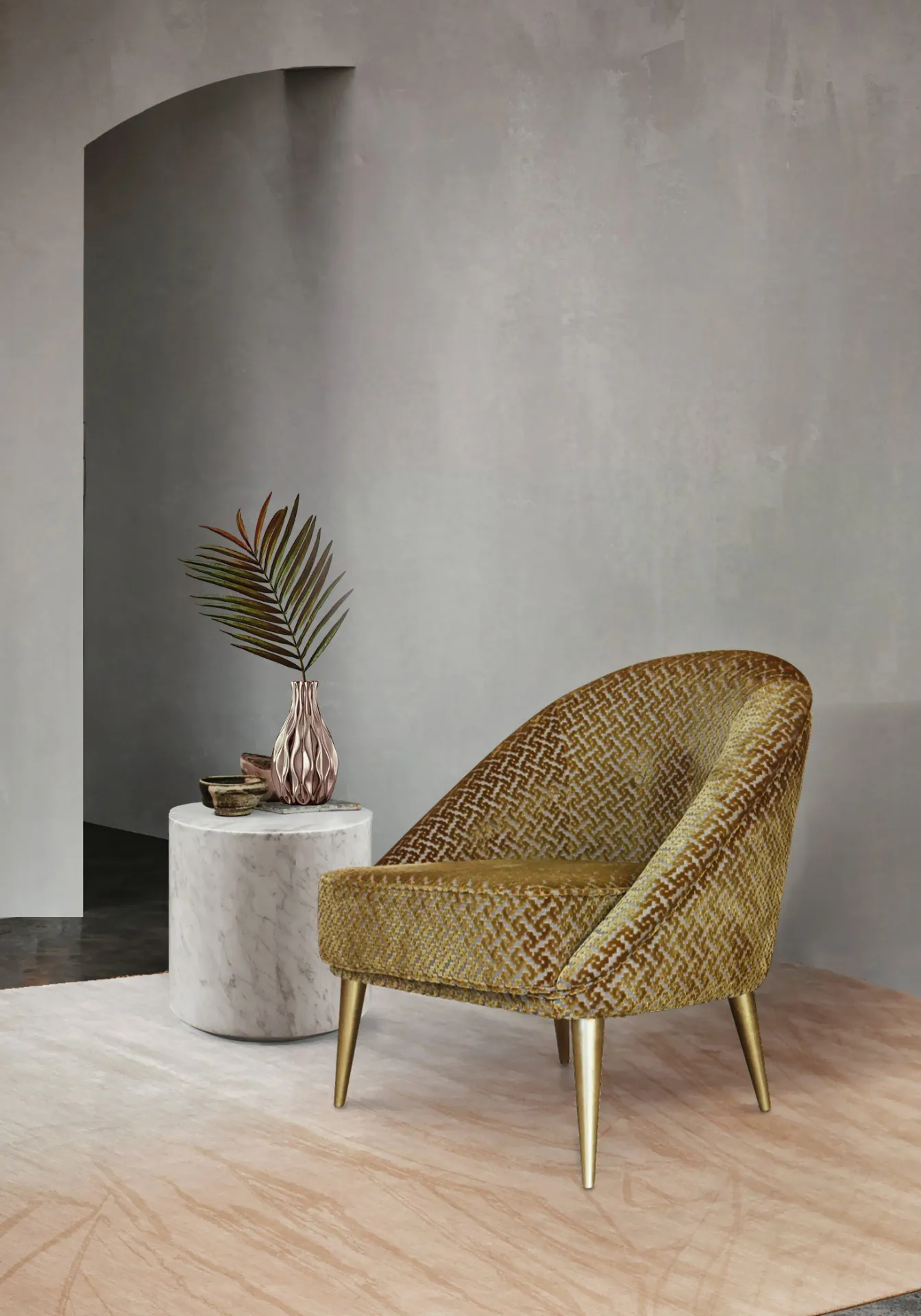 Image of an Aberdeen Chair by KKbyKOKET, displaying a chic design with a comfortable, gold patterned upholstered seat and backrest, stylish metal legs, and elegant décor.