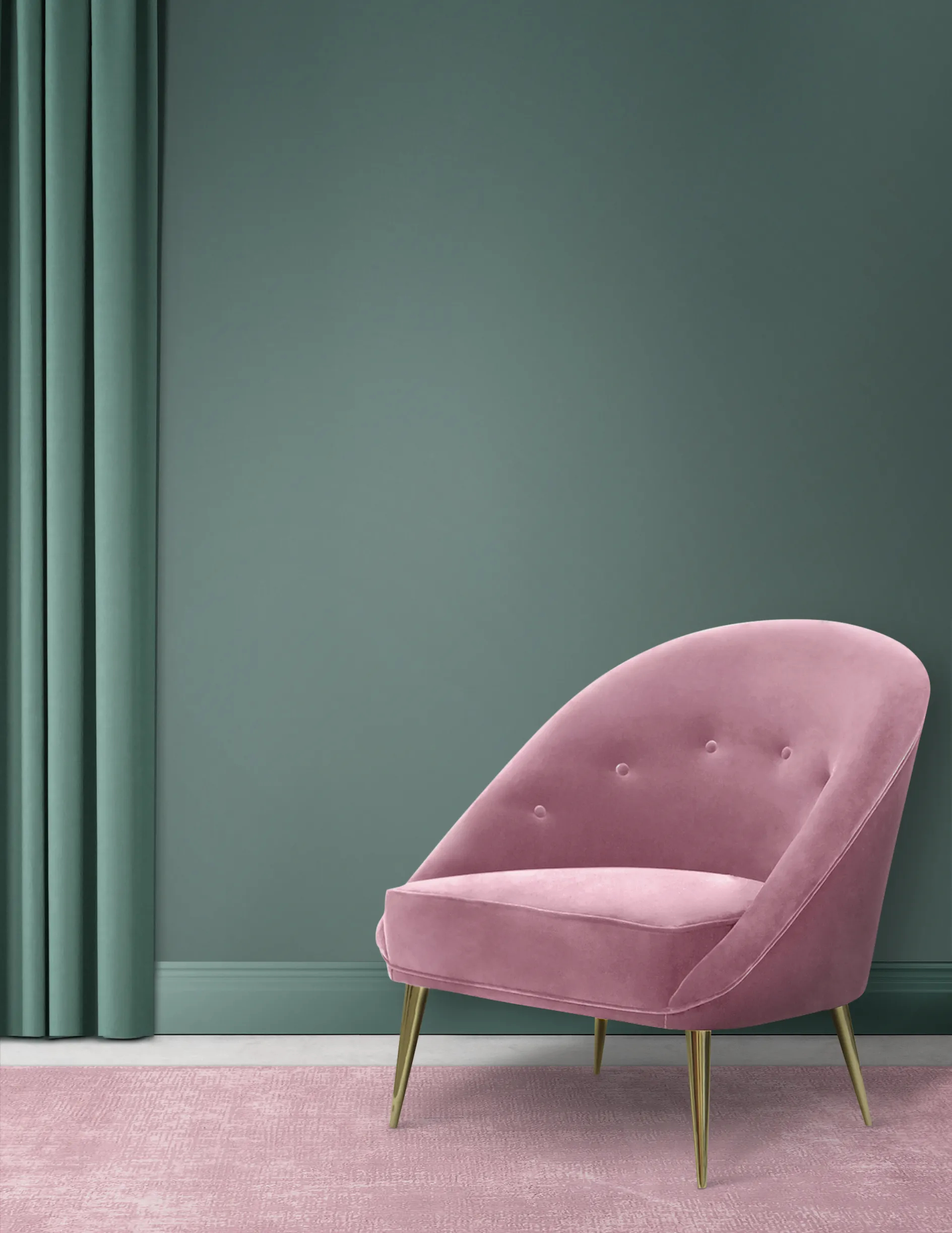Luxurious Aberdeen Chair by KKbyKOKET with plush pink velvet upholstery and sophisticated gold metal legs, displayed in a green and pink setting.