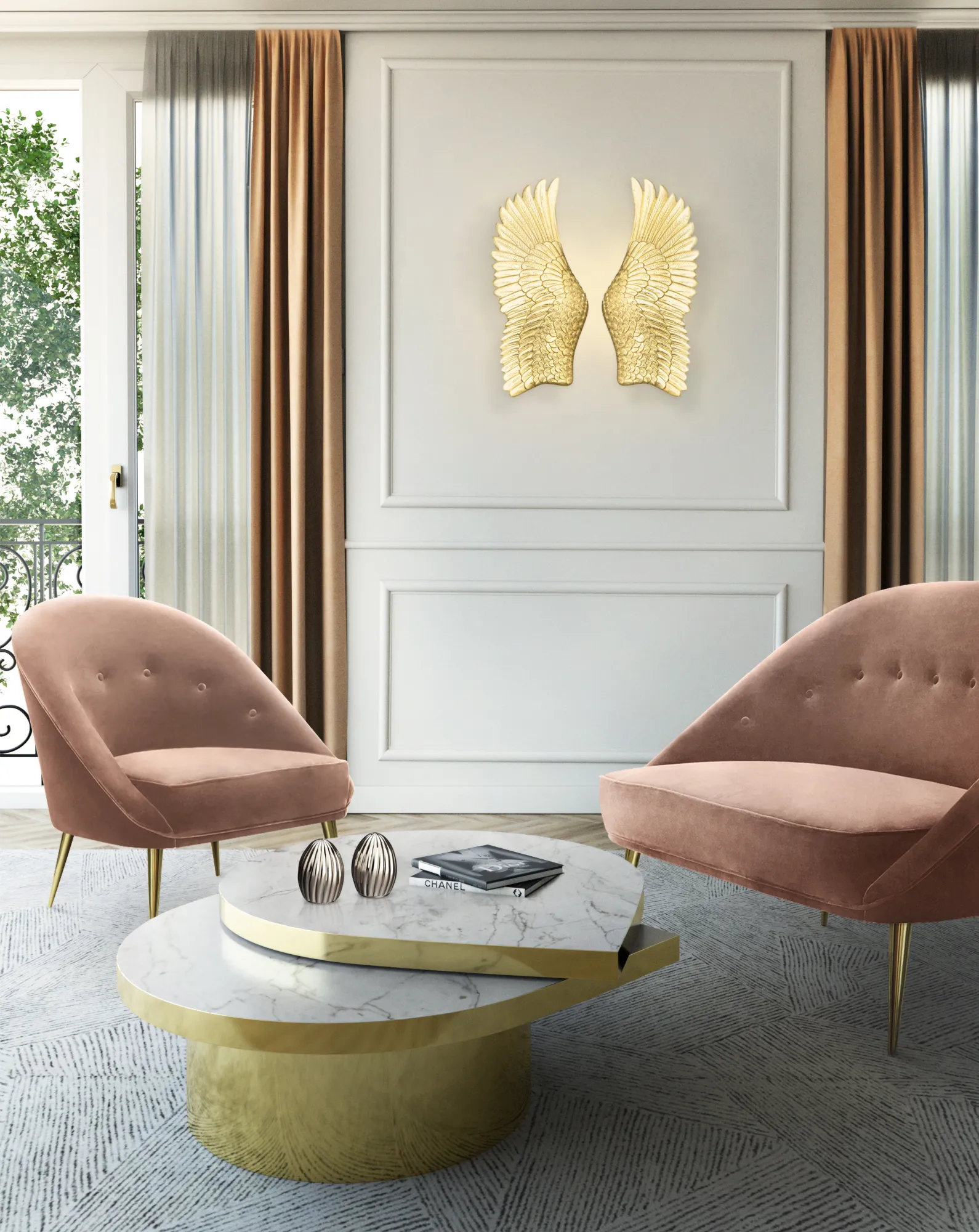 Living room interior design featuring an Aberdeen Sofa and Aberdeen Chair with pink upholstery, the Tears Coffee Table with a marble top and the Pluma Sconce, showcasing a luxurious and cohesive design aesthetic.
