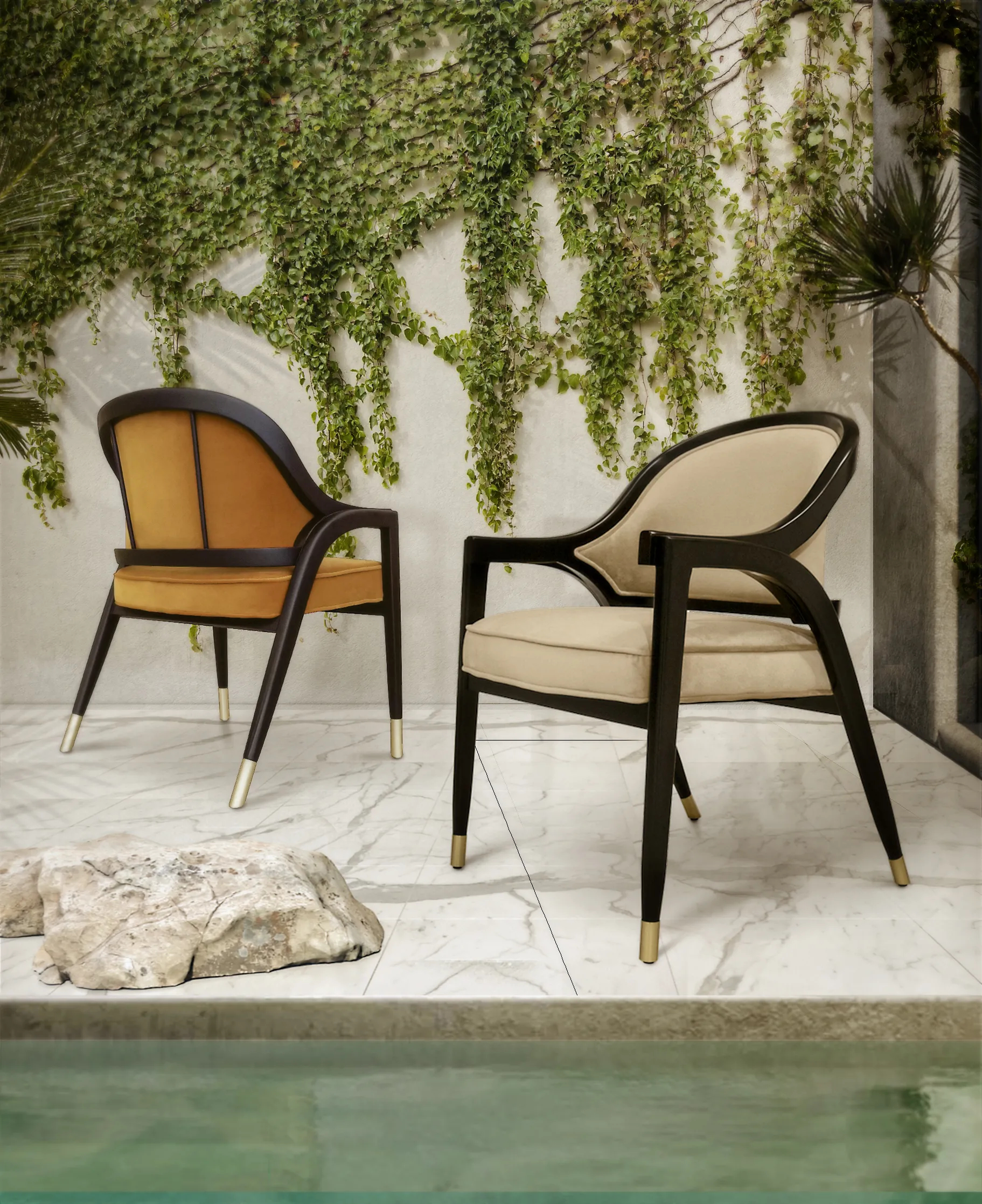 Luxury poolside outdoor space, elegantly decorated with two Arendal Chairs by KKbyKOKET, featuring cream and yellow upholstery and a chic black lacquer structure, complemented by gold metal details.