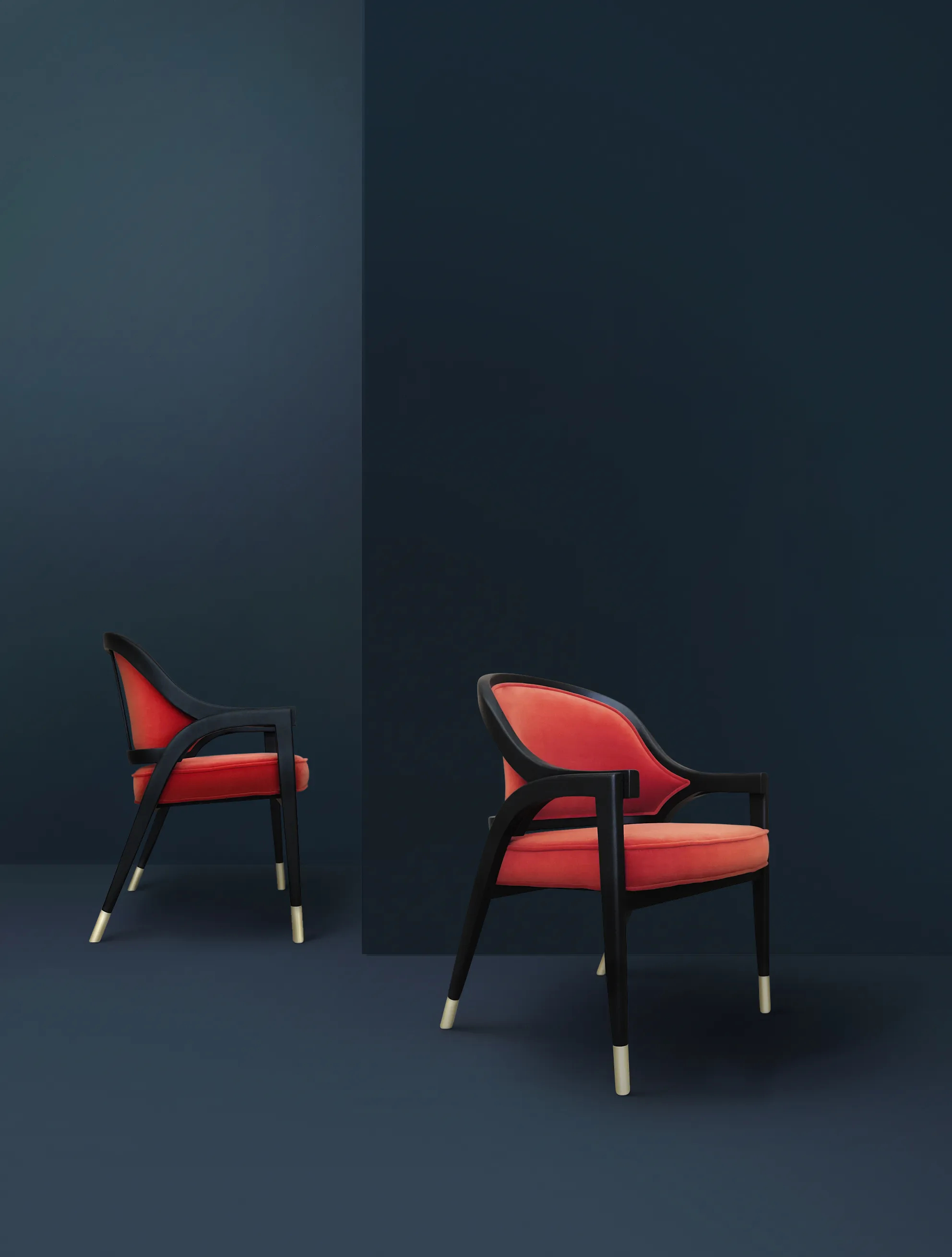 In this image, there are two Arendal Chairs by KKbyKOKET, featuring red upholstery and a chic lacquer structure with metal details. The background contrasts with its darker navy blue tones.