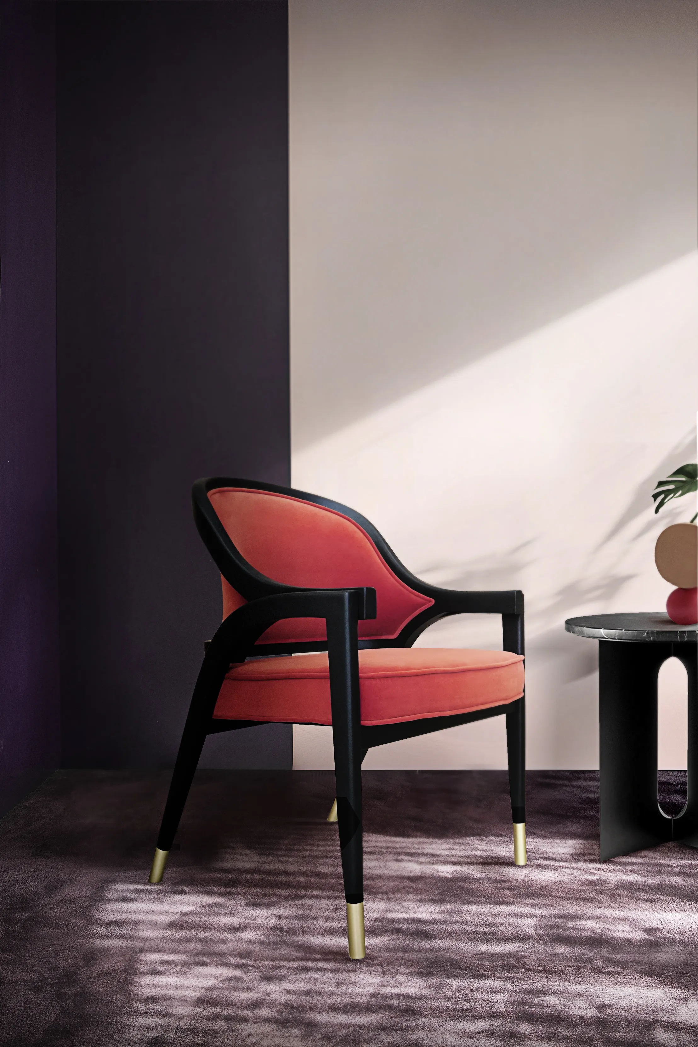 Arendal Chair by KKbyKOKET, featuring a reddish plush upholstery and a chic lacquer structure with metal details. The background presents purple and lavender tones, contrasting with the luxury chair.