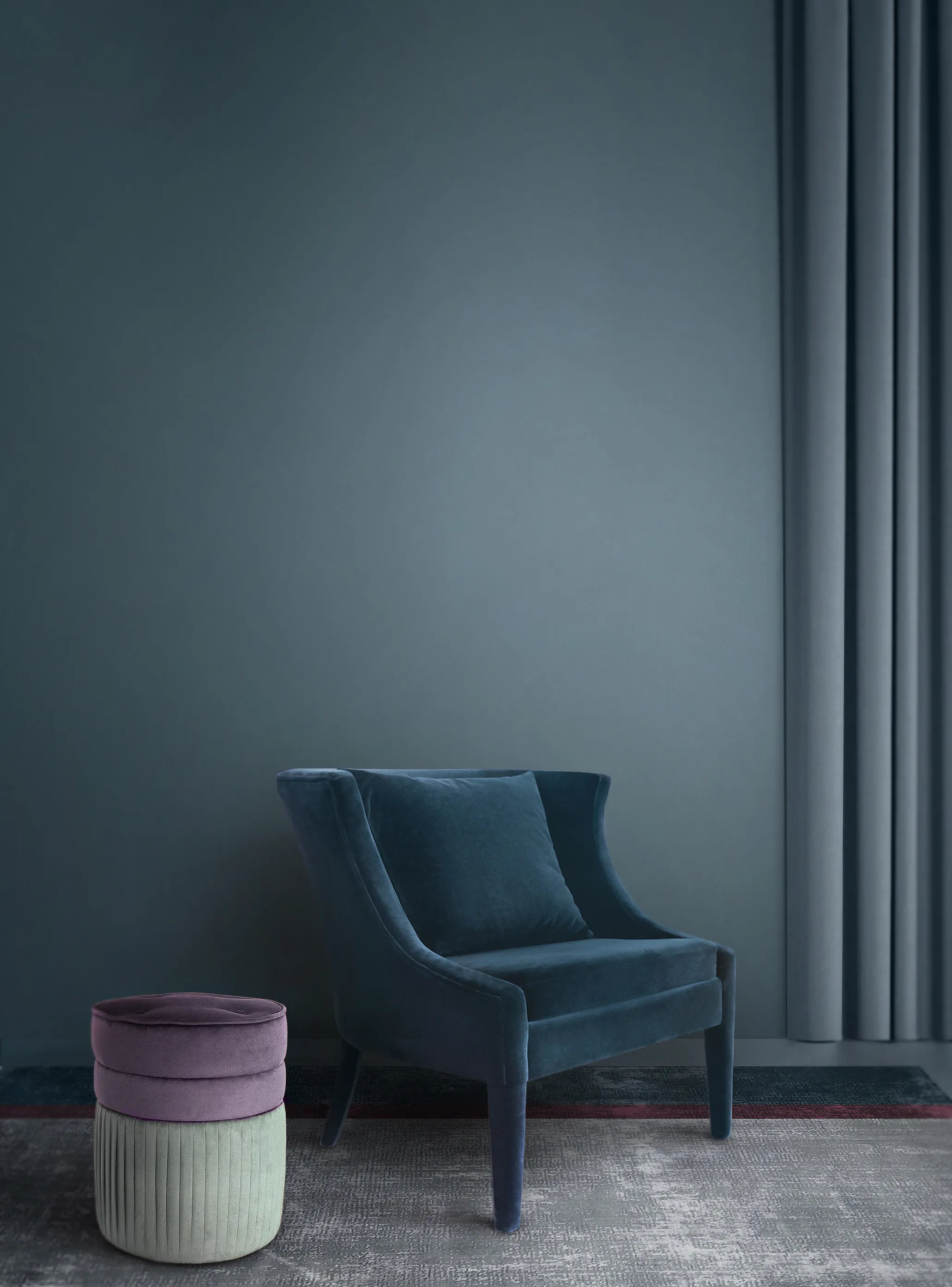 Luxury interior project featuring the luxury Athina Chair by KKbyKOKET, upholstered with a dark teal blue fabric and the exquisite Valencia Pouf with matching tones of lilac and soft green.