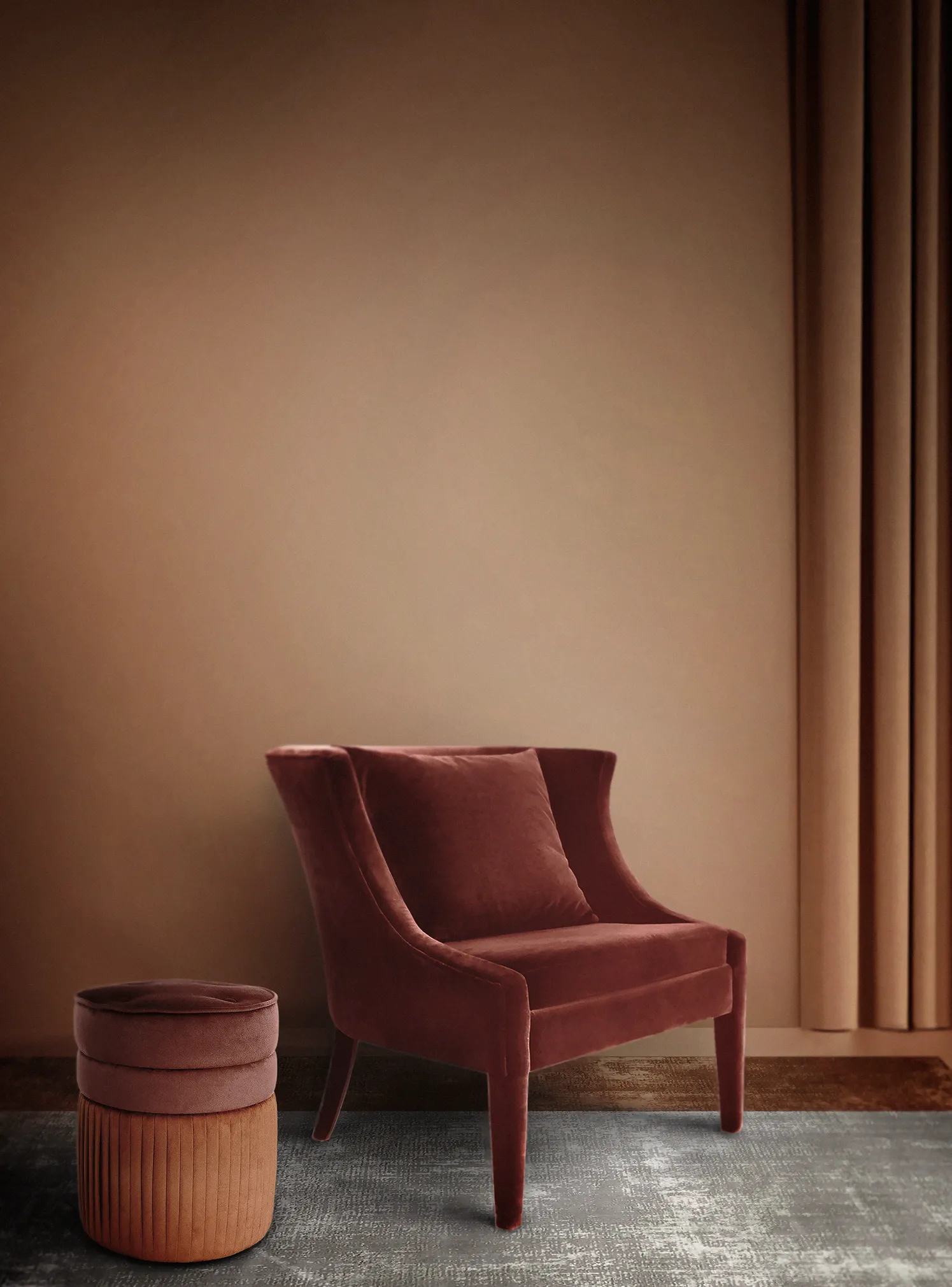 Interior design project featuring the lovely Athina Chair by KKbyKOKET, upholstered with a dark orange luxurious fabric and the exquisite Valencia Pouf with two matching orange tones.