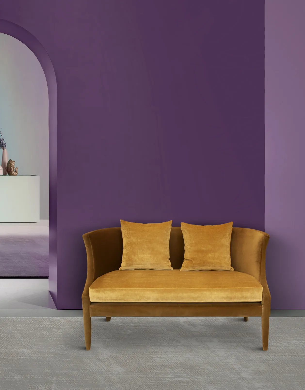 Interior design project featuring the Athina Sofa, fully upholstered with a luxurious yellow fabric. The purple background settles the perfect contrast for this luxury piece of furniture.