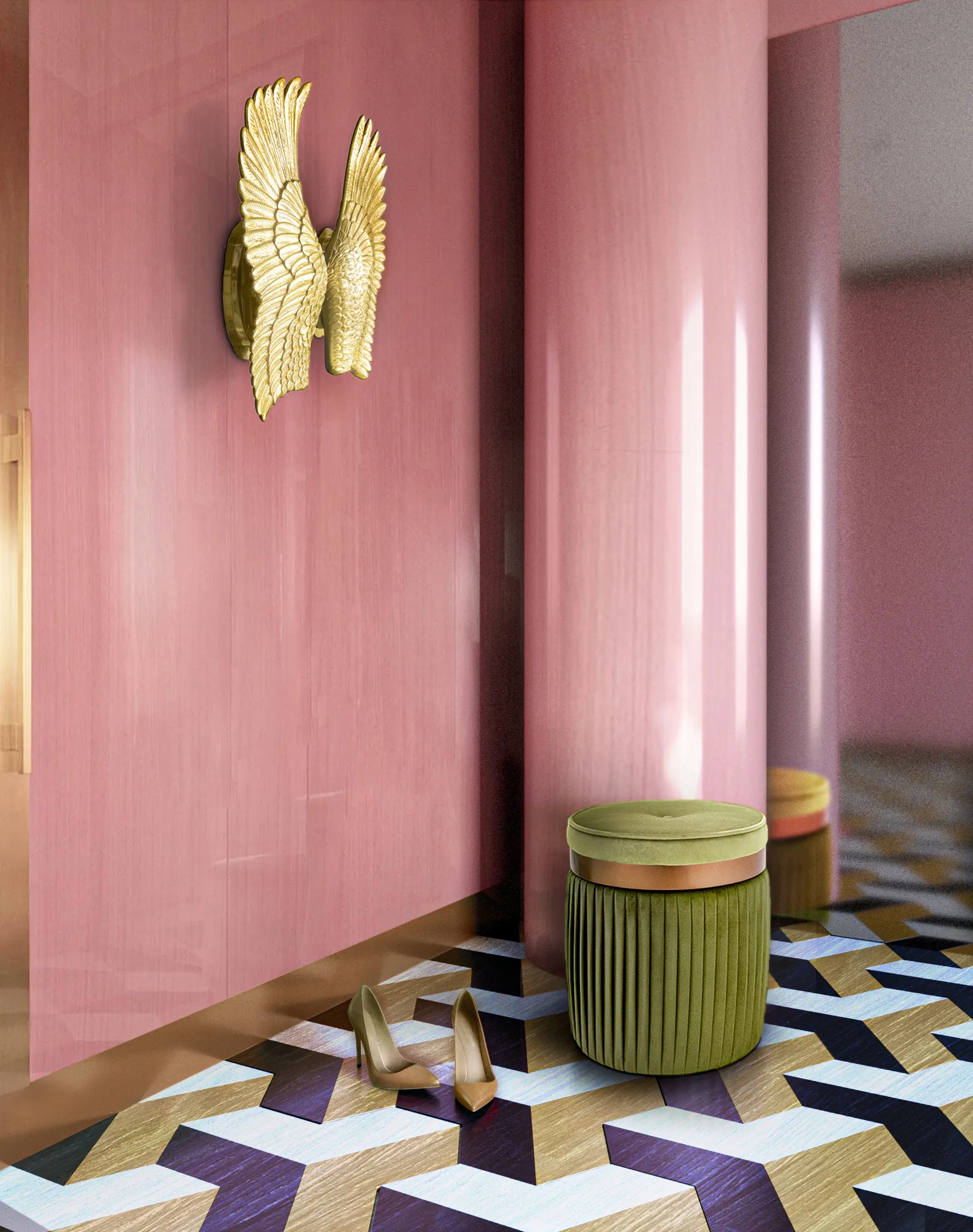 Luxury Barcelona Pouf with a round, green upholstered design and a gold metal detail, perfectly illuminated by the gold Pluma Sconce. The pink background and patterned floor bring the perfect contrast to the design.