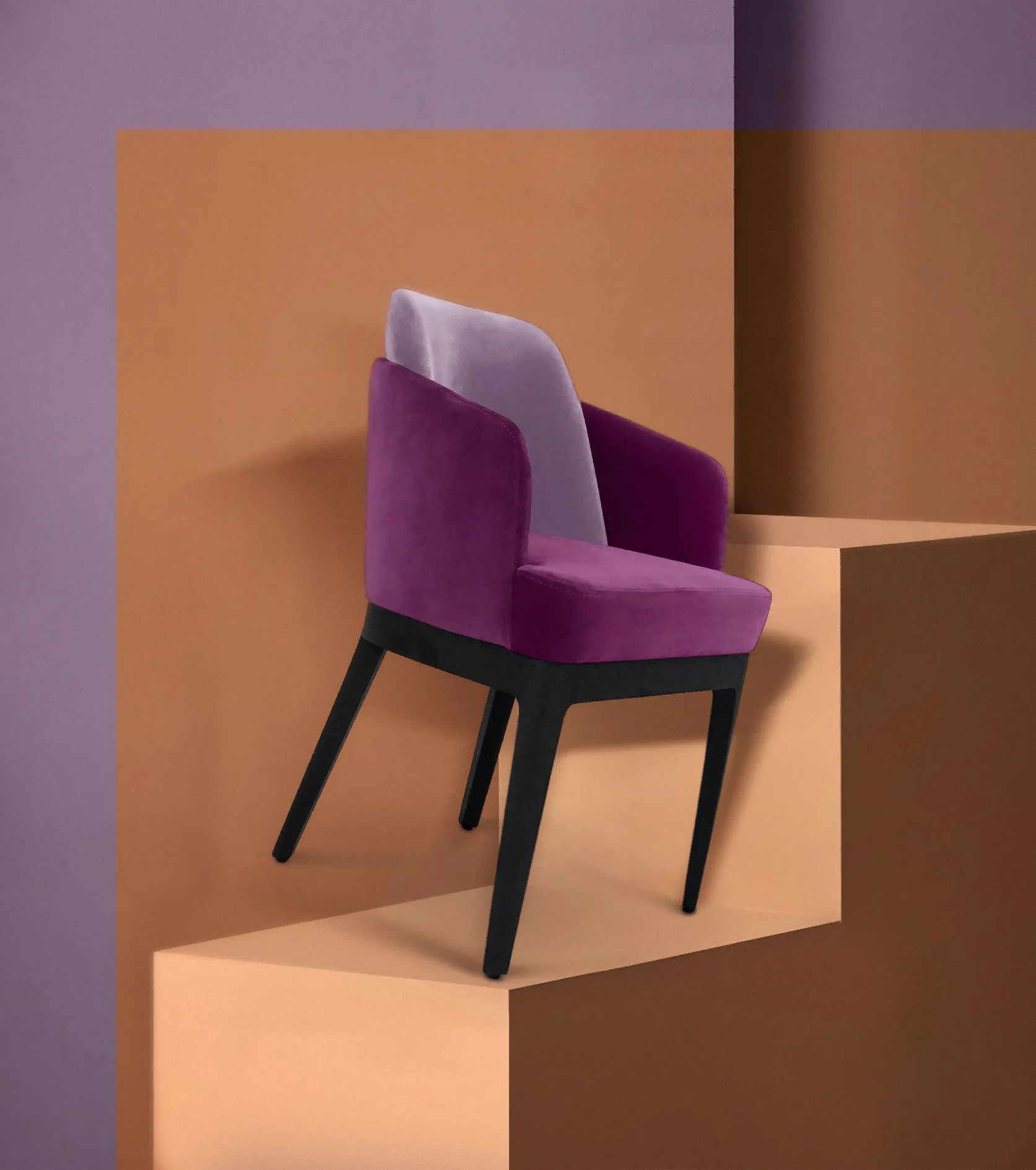 Stylish London Dining Chair by KKbyKOKET with a high backrest upholstered in lilac fabric, a purple upholstery accent and black lacquer legs.