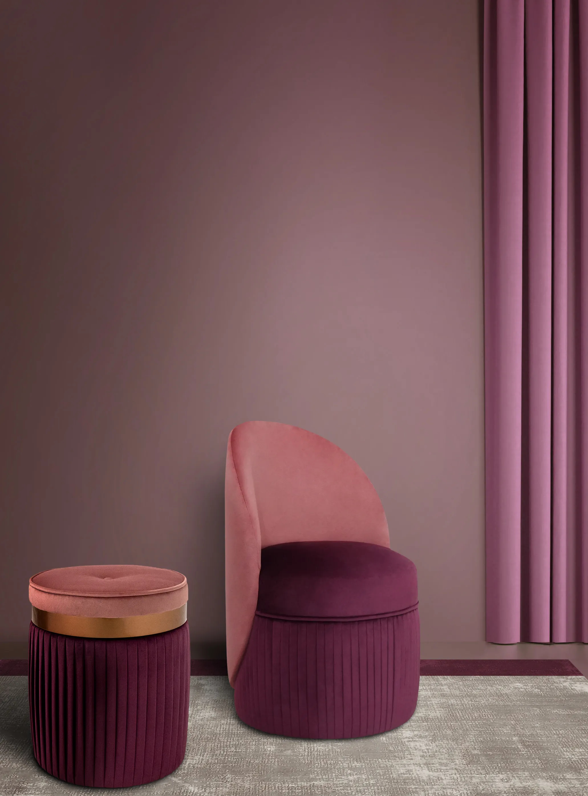 Sophisticated Venice Chair with a pink high back and purple accent with detailed stitching, paired with the matching upholstery Barcelona Pouf in an elegant lilac setting.