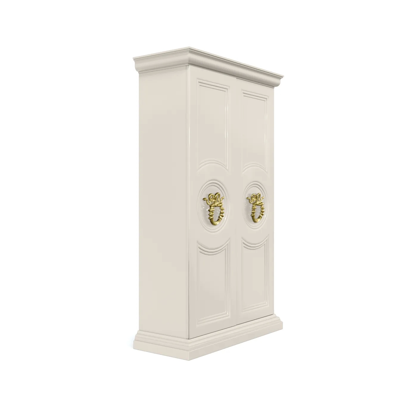 Parisian armoire with a classic and elegant design, white doors with gold details and ornamental handles. Perfect to complement the decoration of sophisticated environments. 45º view.