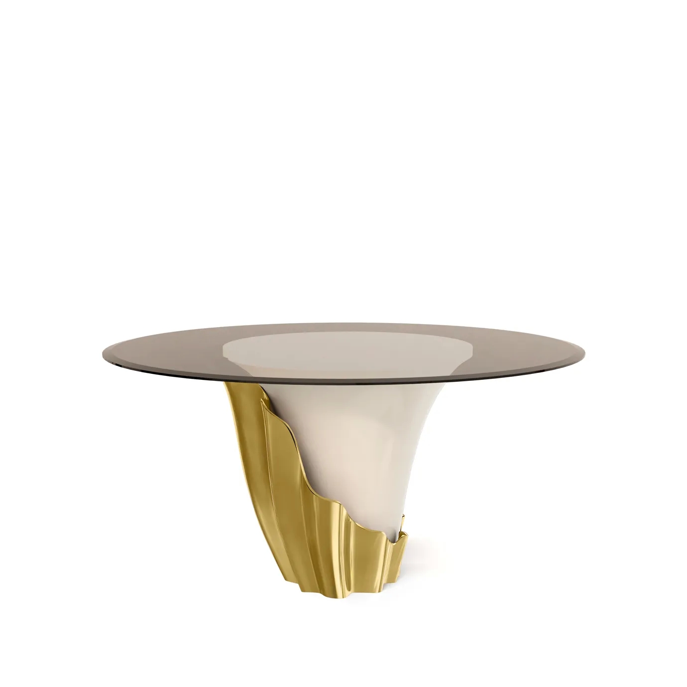 Yasmine dining table with a modern and elegant design, smoked glass top and white marble base with gold details. Perfect to complement the decoration of sophisticated environments.