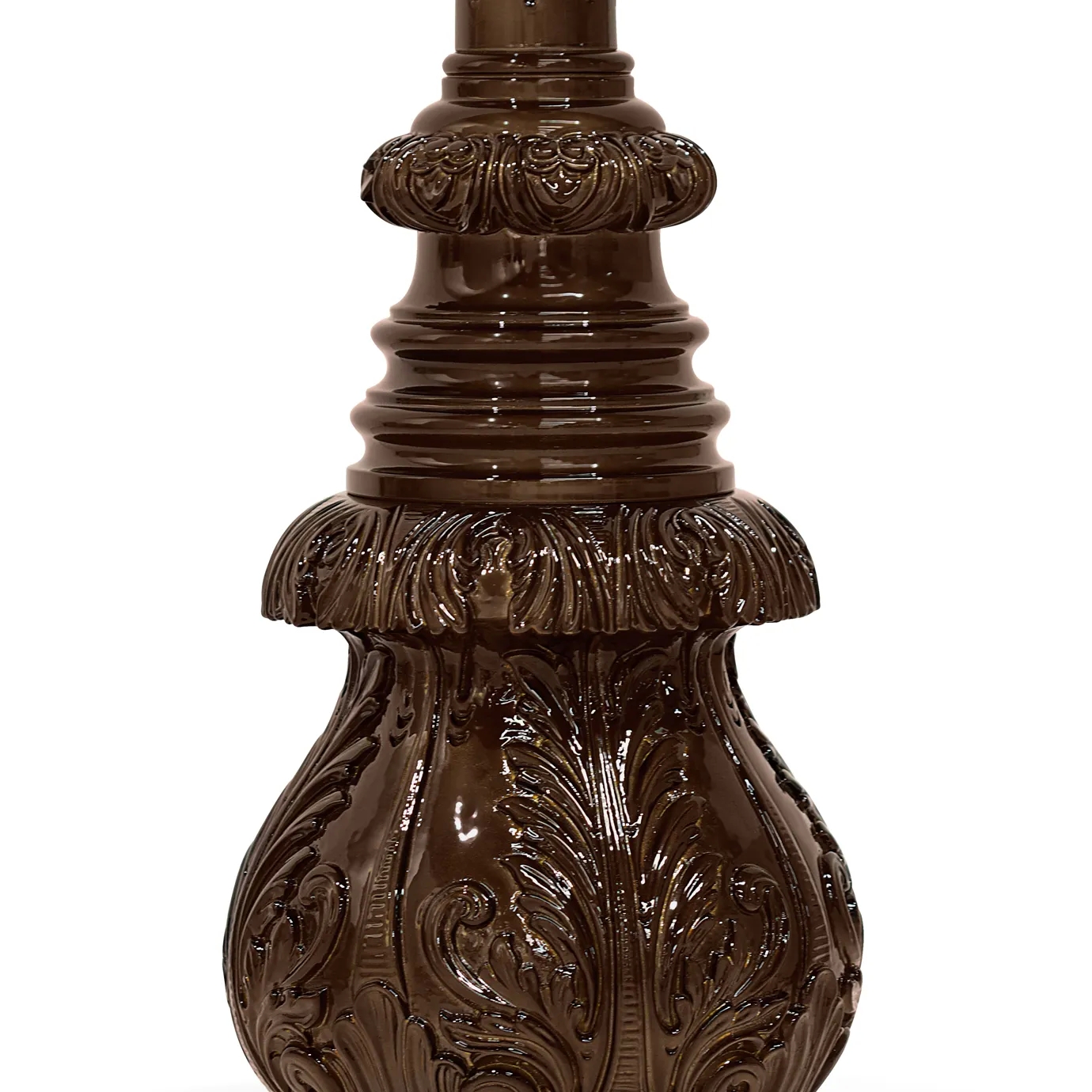 Lotus table lamp with an elegant design in bronze, base inspired by a lotus flower and black fabric shade. Perfect for creating a sophisticated and cozy atmosphere. Base inspired by a lotus flower view.