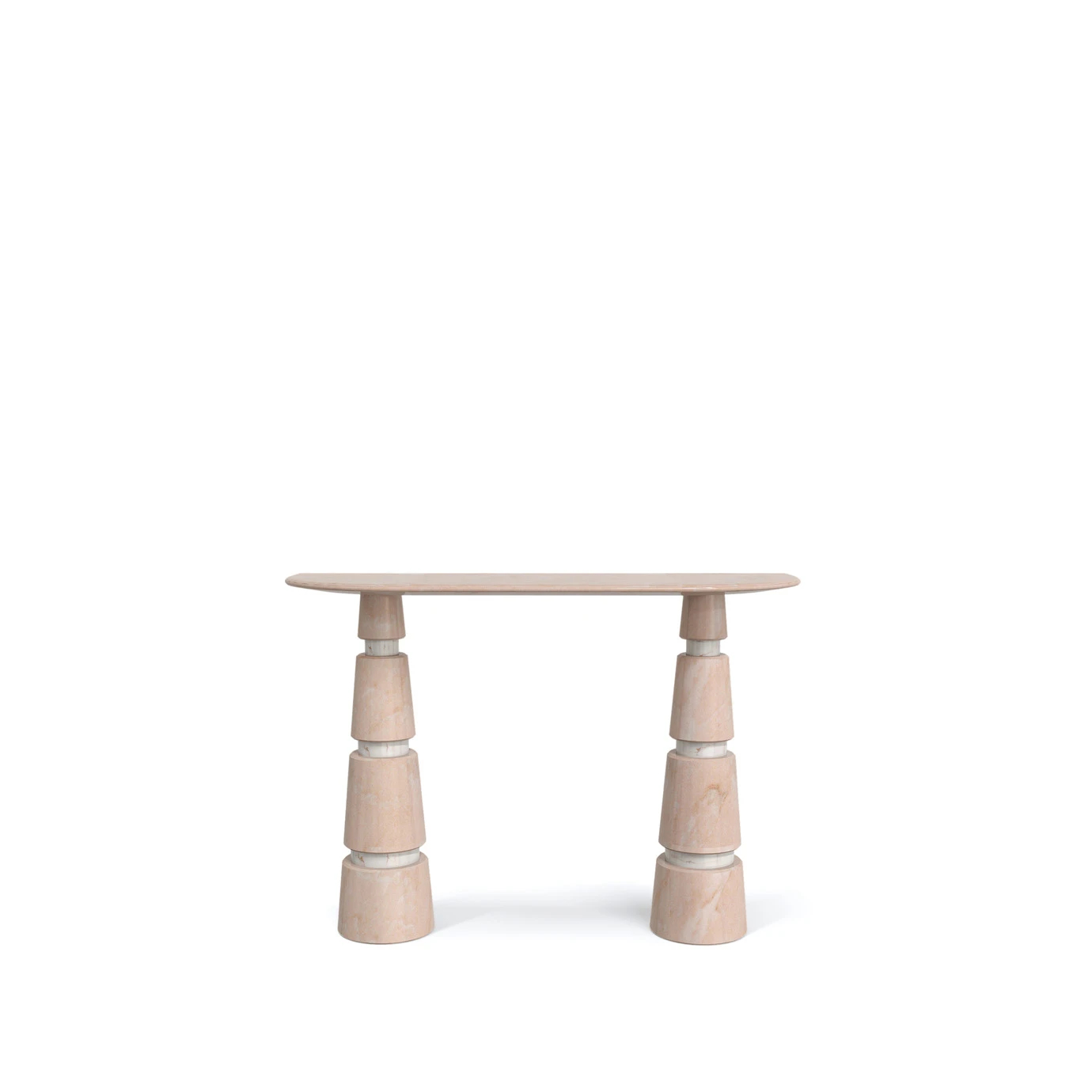 Avalanche Rose Estremoz console with a rectangular pink Estremoz marble top and layered base in shades of pink. Modern and elegant design for entrances and hallways.