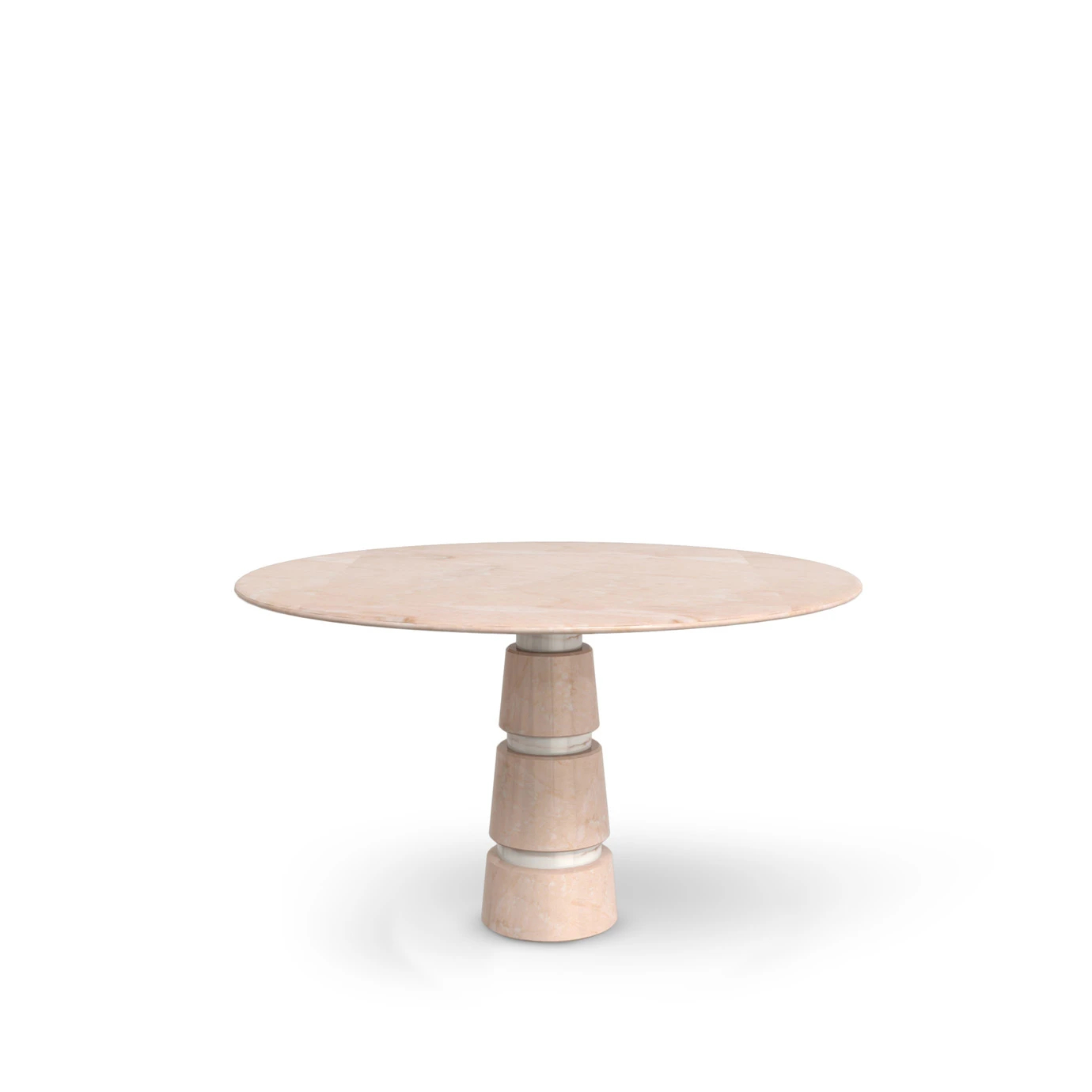 Avalanche Rose Estremoz dining table with a circular pink Estremoz marble top and layered base in shades of pink. Modern and elegant design for sophisticated dining rooms.
