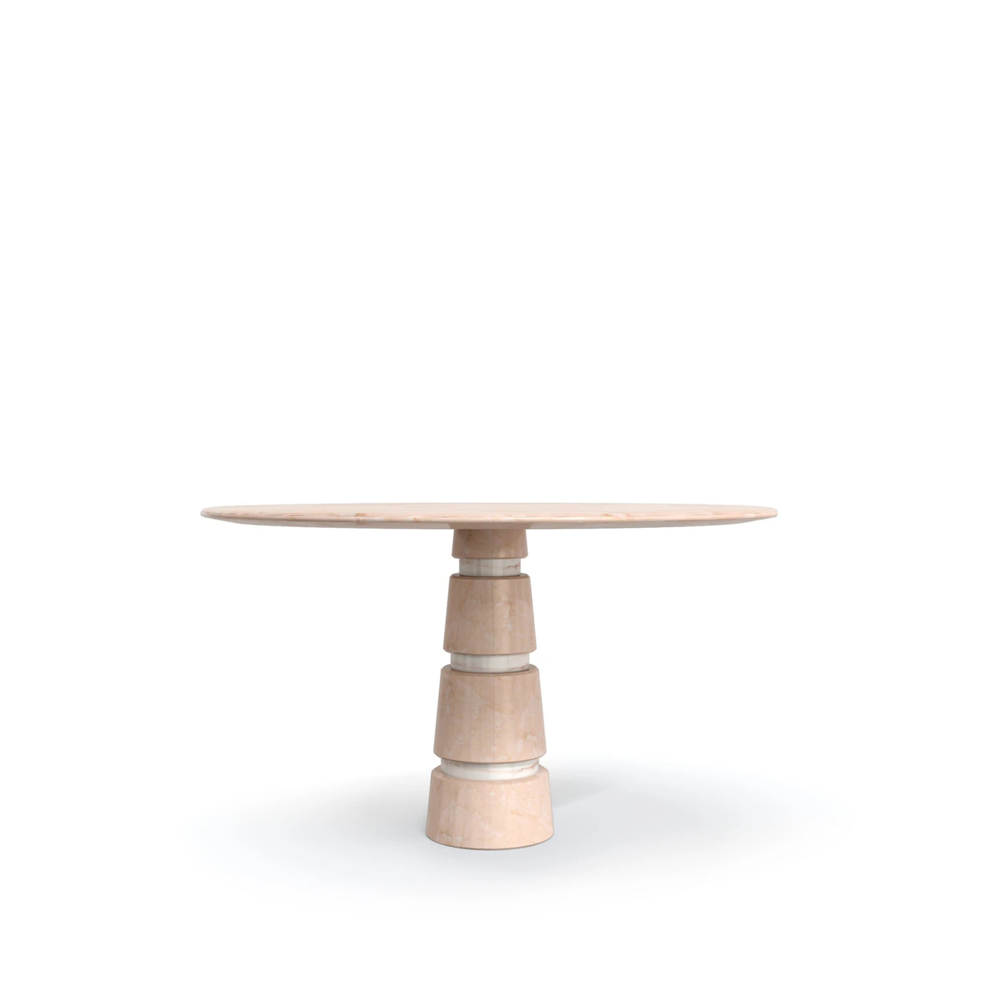 Avalanche Rose Estremoz dining table side view with a circular pink Estremoz marble top and layered base in shades of pink. Modern and elegant design for sophisticated dining rooms.