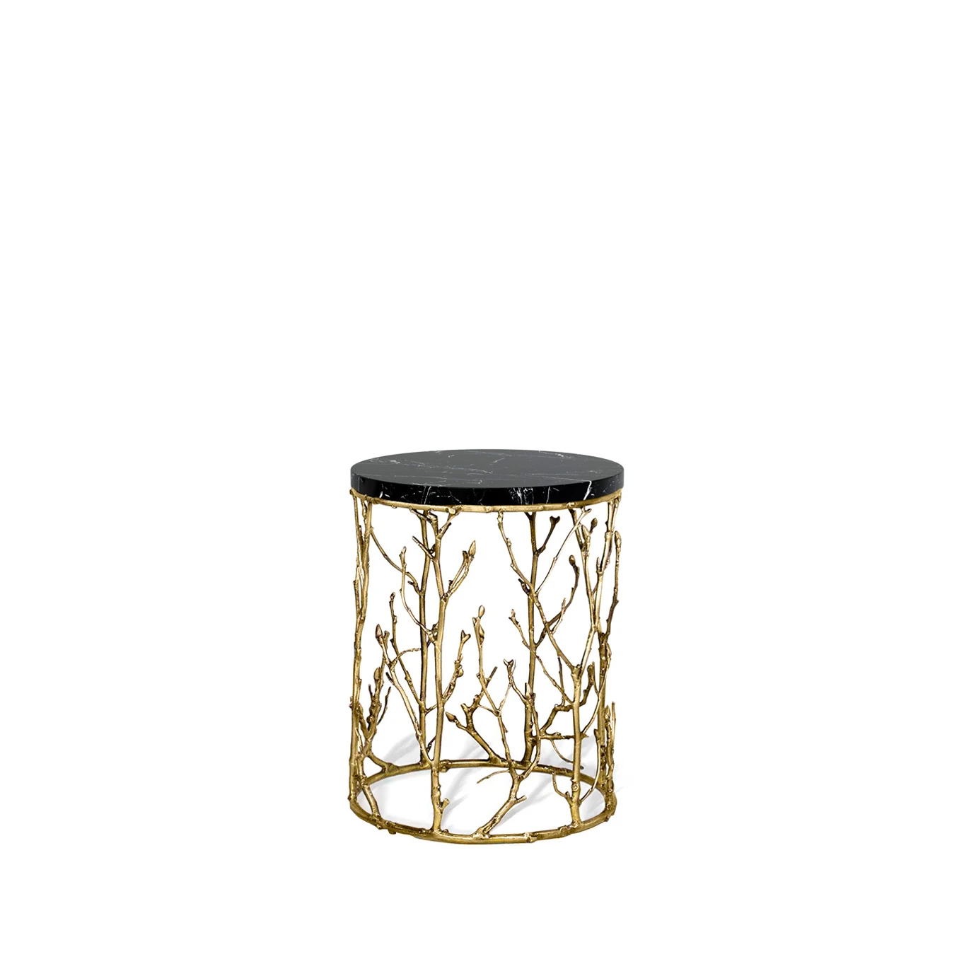 Enchanted Nero Maquina side table with a black marble top and gold metal base, inspired by tree branches. Elegant and sophisticated design for any environment.